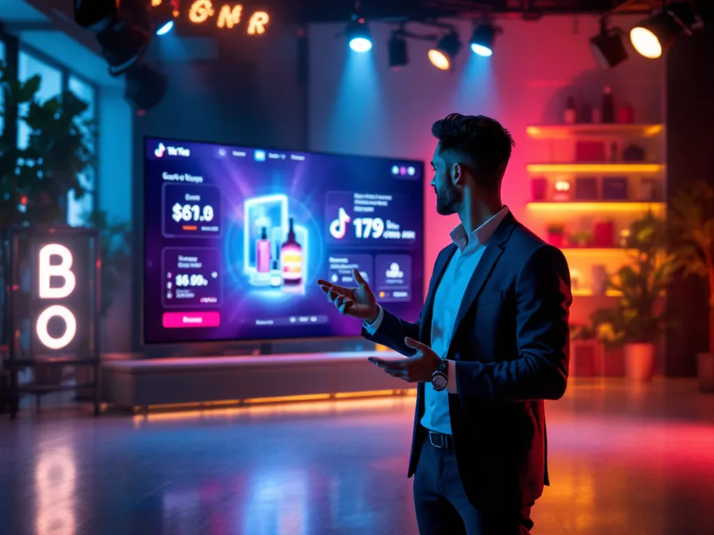 Criador de conteúdo em estúdio moderno apresentando produtos ao vivo no TikTok Shop, com interface de compra visível, números de visualizações e ícones de compra flutuando, demonstrando autenticidade e engajamento direto com a audiência em ambiente profissional com iluminação cinematográfica