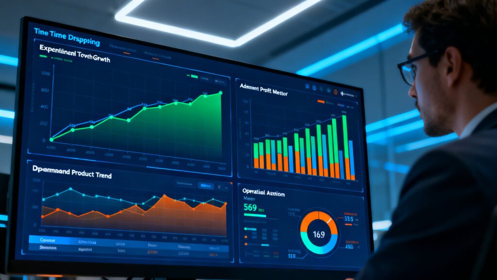 Dashboard moderno de análise de dropshipping em tempo real, mostrando gráficos de crescimento, margem de lucro e tendências de produtos com múltiplos monitores em ambiente corporativo futurista