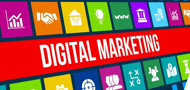 Banner de marketing digital com grid colorido de ícones de negócios (gráficos, parcerias, inovação, finanças) e faixa vermelha com texto 'DIGITAL MARKETING' em branco