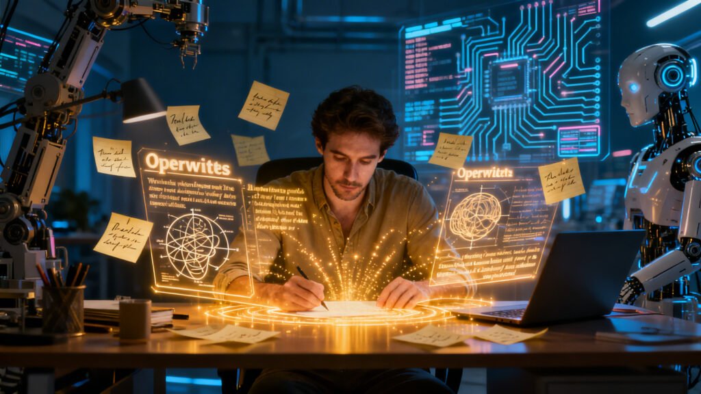 Copywriter criando mensagem persuasiva cercado por displays holográficos e diagramas psicológicos, em contraste com circuitos de IA processando dados ao fundo