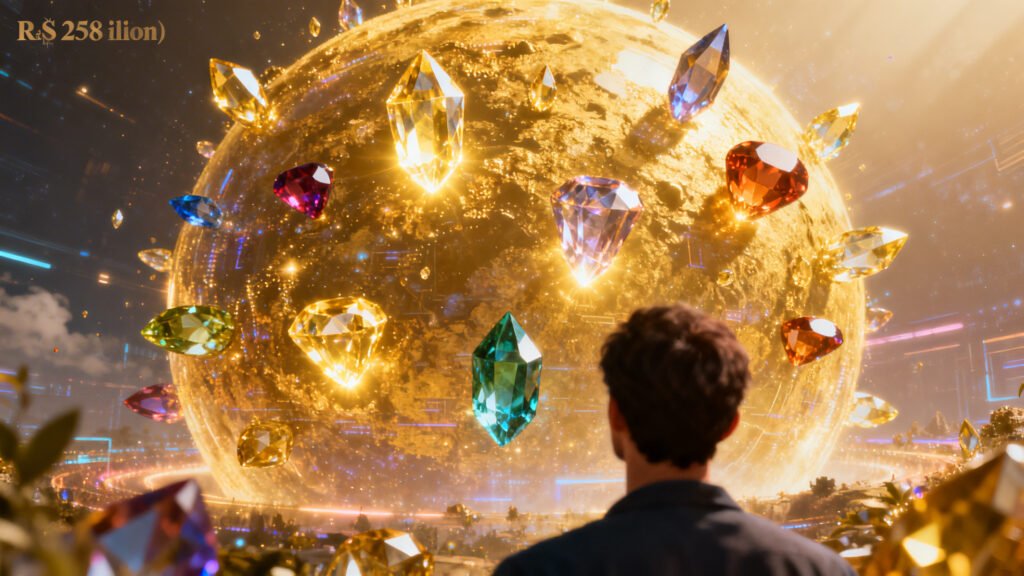 Mercado de e-commerce em expansão com R$ 258 bilhões em oportunidades, representado por um universo digital brilhante com nichos específicos destacados como ouro, enquanto um empreendedor observa as possibilidades com determinação