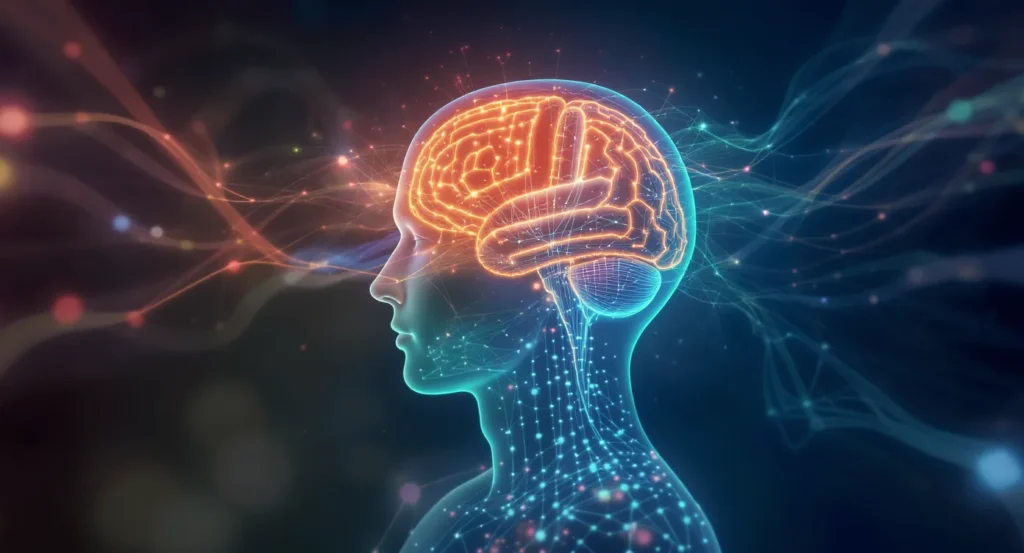 Silhueta de cabeça humana em perfil com cérebro brilhante em laranja conectado a redes neurais azuis, representando inteligência artificial