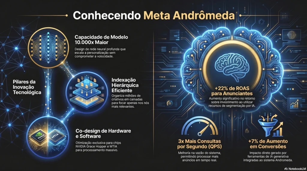 Infográfico sobre Meta Andrômeda mostrando três pilares tecnológicos (rede neural, indexação hierárquica, co-design hardware-software) e três métricas de desempenho (+22% ROAS, 3x QPS, +7% conversões).