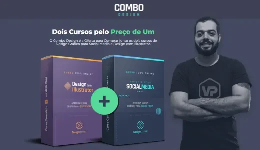 Anúncio do Combo Design com homem em camiseta preta com logo VP no peito, braços cruzados em postura confiante à direita, dois cursos em caixas 3D (Design com Illustrator em roxo e Social Media em azul marinho) no centro-esquerda, símbolo de adição em verde neon representando pacote, texto em branco e verde destacando "Combo Design - Dois Cursos pelo Preço de Um", fundo cinza escuro profissional, representando pacote combo de cursos de design gráfico.