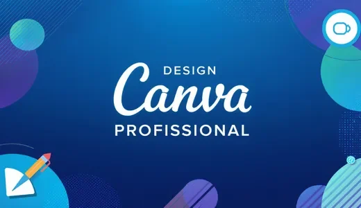 Anúncio do curso Design Canva Profissional com texto em branco "Design Canva Profissional" centralizado, fundo em gradiente de azul marinho a ciano, formas geométricas circulares em roxo e ciano com padrões de meio-tom nos cantos, ícone de caneta/stylus laranja em branco no canto inferior esquerdo, ícone de ferramenta em ciano no canto superior direito, representando curso de design profissional com Canva.
