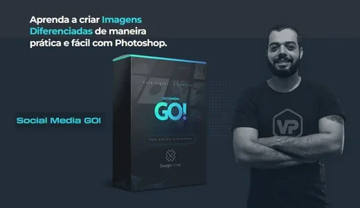 Anúncio do curso Social Media GO! com caixa de produto 3D em cinza escuro com gradiente ciano-roxo no topo, texto em branco e ciano destacando "Aprenda a criar Imagens Diferenciadas de maneira prática e fácil com Photoshop", homem com barba em camiseta azul marinho com logo VP cruzando os braços à direita, fundo cinza escuro com padrão de grid, representando curso de design para redes sociais.