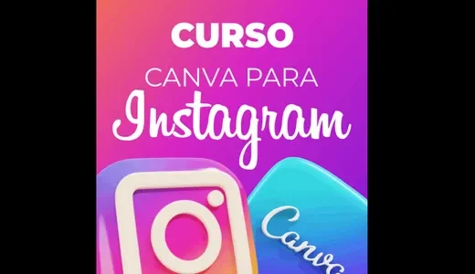 Anúncio do curso Canva para Instagram com texto em branco destacando "Curso Canva para Instagram", ícones 3D em primeiro plano do Instagram (gradiente multicolorido) e Canva (ciano brilhante) sobrepostos, fundo em gradiente vibrante de laranja-magenta no topo para violeta profundo na base, representando curso de design para Instagram com Canva.