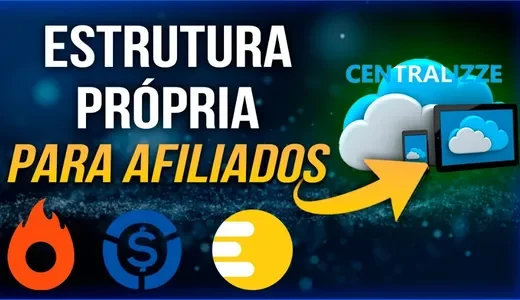 Anúncio da plataforma Centralizze com texto em branco e amarelo destacando "Estrutura Própria Para Afiliados", ícone de nuvem 3D em branco e ciano conectado a smartphone e tablet, seta amarela apontando para a solução, logos de Hotmart, plataforma de pagamento e Eduzz na base, fundo azul marinho com efeito de partículas digitais, representando plataforma centralizada de gestão de afiliados.