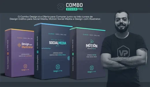 Anúncio do Combo Design Pro com três caixas de produto 3D (Design com Illustrator em roxo, Design Gráfico Social Media em azul-escuro, Motion Social Media em cinza) lado a lado com acentos em teal, homem em camiseta preta com logo VP cruzando os braços confiante à direita, texto em branco e teal destacando "Combo Design Pro - Três Cursos 100% Online em Vídeo Aulas", fundo cinza escuro profissional, representando pacote combo de três cursos de design.