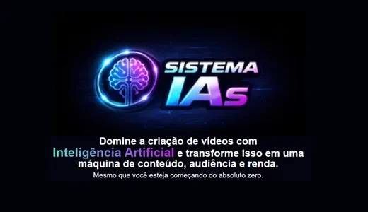Anúncio do curso Sistema IAs com ícone de cérebro digital em neon com circuitos e nós interconectados dentro de anel metálico brilhante, texto em branco e gradiente ciano-magenta destacando "Sistema IAs - Domine a criação de vídeos com Inteligência Artificial e transforme isso em uma máquina de conteúdo, audiência e renda", frase adicional "Mesmo que você esteja começando do absoluto zero", fundo preto profundo com artefatos de glitch digital, representando curso de criação de vídeos com IA.