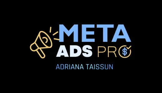 Anúncio do curso Meta Ads Pro com ícone de megafone em amarelo-ouro com linhas de som radiantes à esquerda, texto em branco e azul-claro destacando "Meta Ads Pro" com nome da instrutora "Adriana Taissun" abaixo, ícone de dólar com checkmark em círculo amarelo-ouro à direita, fundo preto profundo, representando curso avançado de publicidade em Meta Ads.