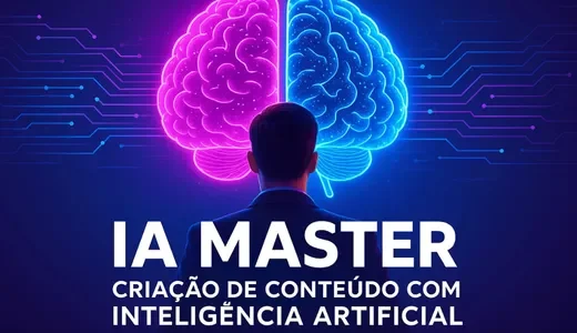 Anúncio do curso IA Master com homem em traje profissional visto de costas observando cérebro bioluminescente bifurcado em magenta e ciano flutuando acima, circuitos digitais azuis radiando do fundo, texto em branco destacando "IA Master - Criação de Conteúdo com Inteligência Artificial", representando curso avançado de criação de conteúdo com IA.