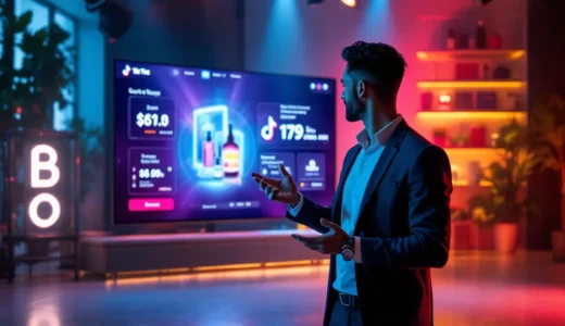 Criador de conteúdo em estúdio moderno apresentando produtos ao vivo no TikTok Shop, com interface de compra visível, números de visualizações e ícones de compra flutuando, demonstrando autenticidade e engajamento direto com a audiência em ambiente profissional com iluminação cinematográfica
