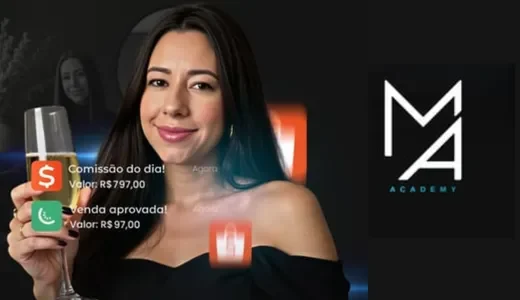 Anúncio da Master Afiliados Academy com mulher segurando taça de champanhe sobre fundo preto, logo "MA Academy" em branco, e notificações flutuantes em laranja e verde destacando comissão do dia de R$ 797,00 e venda aprovada de R$ 97,00, representando sucesso financeiro em marketing de afiliados.