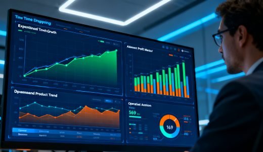 Dashboard moderno de análise de dropshipping em tempo real, mostrando gráficos de crescimento, margem de lucro e tendências de produtos com múltiplos monitores em ambiente corporativo futurista