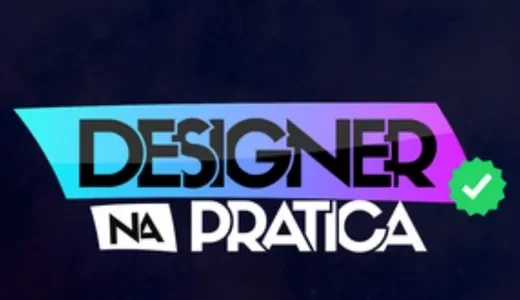 Anúncio do curso Designer na Prática com texto em preto sobre gradiente de ciano e magenta, fundo escuro texturizado em azul e violeta, badge verde com checkmark branco representando conclusão, design moderno e dinâmico para curso de design prático.