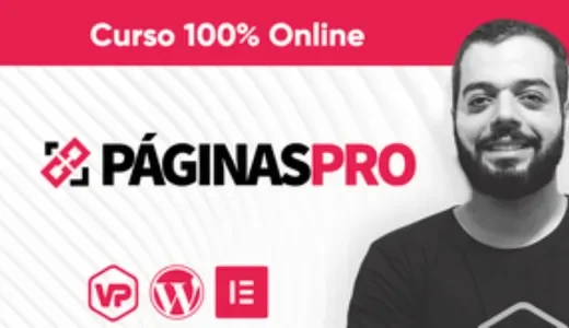 Anúncio do curso Páginas PRO com texto "Curso 100% Online" em banner vermelho, logo em preto e vermelho com ícone de corrente, homem com barba em preto e branco à direita, e ícones de WordPress, Elementor e VP em vermelho na base, representando curso de criação de páginas web profissionais.