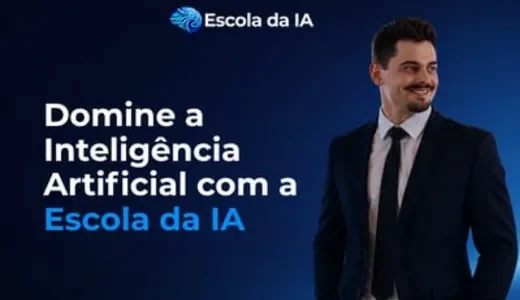 Anúncio do curso Escola da IA com logo em gradiente azul contendo ícone de cérebro estilizado, homem em traje profissional azul marinho e camisa branca à direita, texto em branco e azul brilhante destacando "Domine a Inteligência Artificial com a Escola da IA", fundo em gradiente azul digital, representando curso de inteligência artificial.