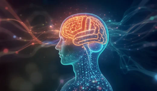 Silhueta de cabeça humana em perfil com cérebro brilhante em laranja conectado a redes neurais azuis, representando inteligência artificial