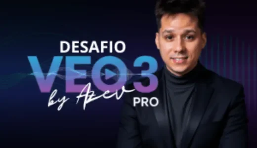 Imagem promocional do Desafio VEO3 PRO by Azev - curso online de 7 dias para dominar criação de vídeos com inteligência artificial, mostrando um instrutor profissional em terno preto com expressão confiante sobre fundo gradiente escuro com padrões de ondas digitais, simbolizando tecnologia e inovação em produção de vídeo com IA para gerar renda mensal de 5 mil reais ou mais