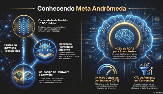 Infográfico sobre Meta Andrômeda mostrando três pilares tecnológicos (rede neural, indexação hierárquica, co-design hardware-software) e três métricas de desempenho (+22% ROAS, 3x QPS, +7% conversões).