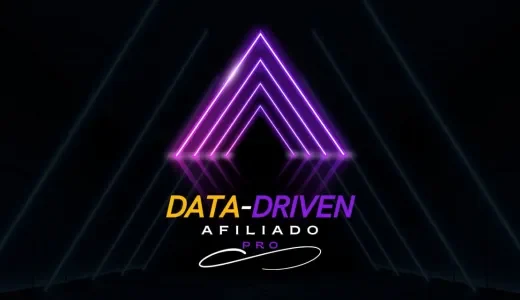 Imagem promocional do curso Afiliado Data Driven Pró - programa completo de marketing de afiliados com Google Ads, apresentando um design futurista com chevron em neon roxo e amarelo, simbolizando crescimento estratégico e análise de dados para vendas escaláveis no Brasil e exterior